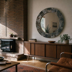 Arcadia Round Mirror styled in Portland 1960s Garden Home ranch living room - Whats New Furniture