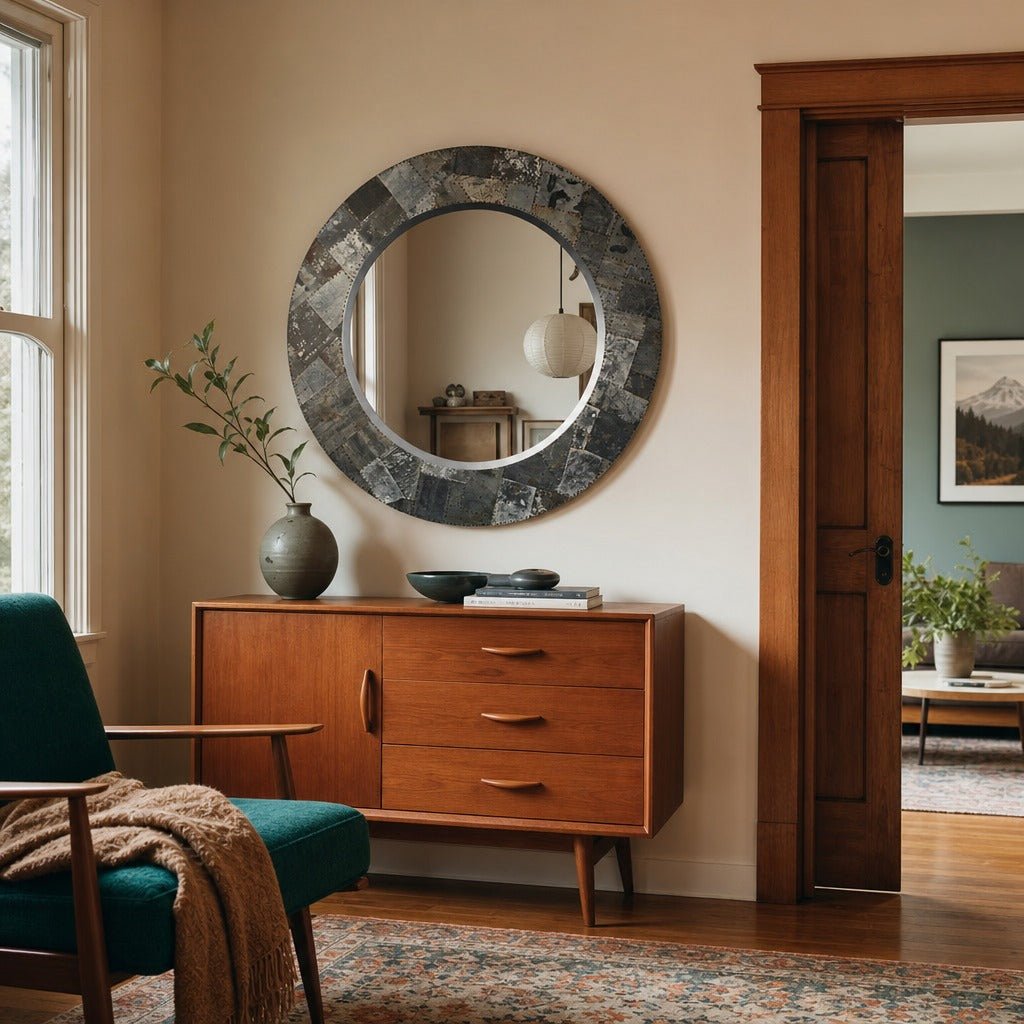 Arcadia Round Mirror styled in Portland AlbertArts foursquare living room - Whats New Furniture