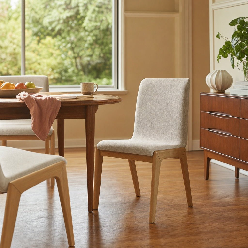 Arizona Dining Chair in Oatmeal styled in Portland 1960s Garden Home ranch dining room - Whats New Furniture