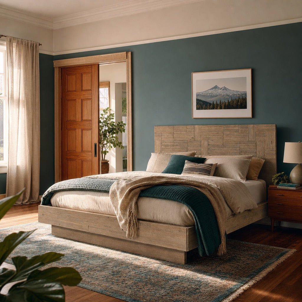 Atlantis King Bed in Light Taupe styled in Portland AlbertArts foursquare bedroom - Whats New Furniture