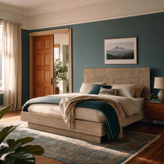 Atlantis King Bed in Light Taupe styled in Portland AlbertArts foursquare bedroom - Whats New Furniture