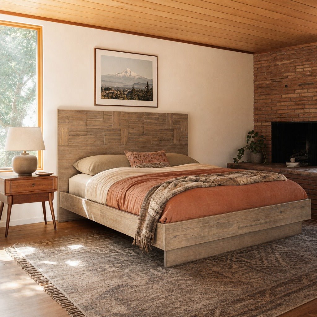 Atlantis King Bed in Light Taupe styled in Portland 1960s Garden Home ranch bedroom - Whats New Furniture
