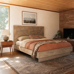 Atlantis King Bed in Light Taupe styled in Portland 1960s Garden Home ranch bedroom - Whats New Furniture