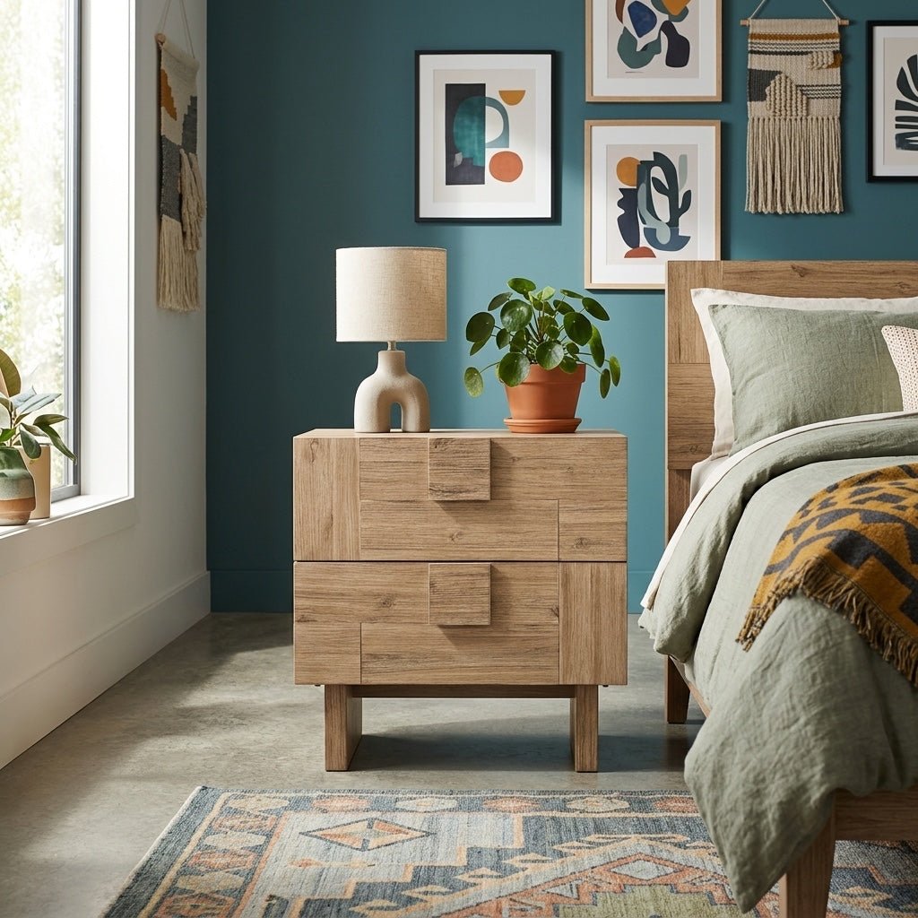 Atlantis Nightstand styled in a bright Portland mid-century modern bedroom - Whats New Furniture