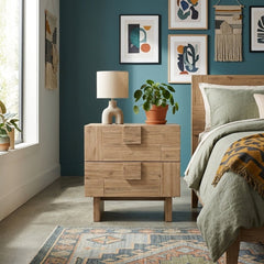 Atlantis Nightstand styled in a bright Portland mid-century modern bedroom - Whats New Furniture