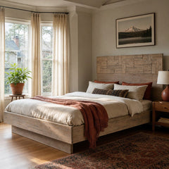 Atlantis Queen Bed in Light Taupe styled in Portland Laurelhurst Tudor cottage bedroom - Whats New Furniture