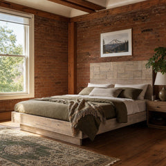 Atlantis Queen Bed in Light Taupe styled in Portland converted warehouse flat with warm exposed brick and fir timber beams (no steel, no concrete) bedroom - Whats New Furniture