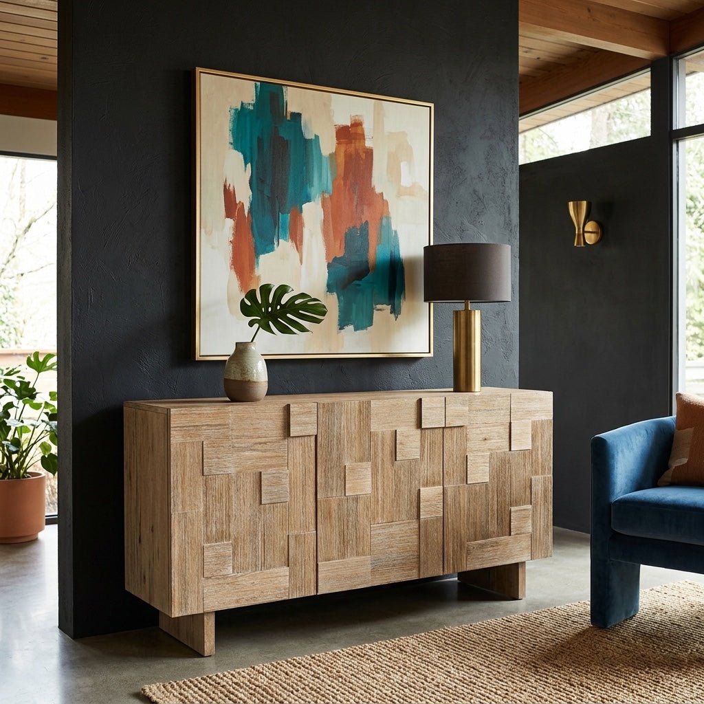 Atlantis Sideboard styled in a bright Portland mid-century modern living room - Whats New Furniture