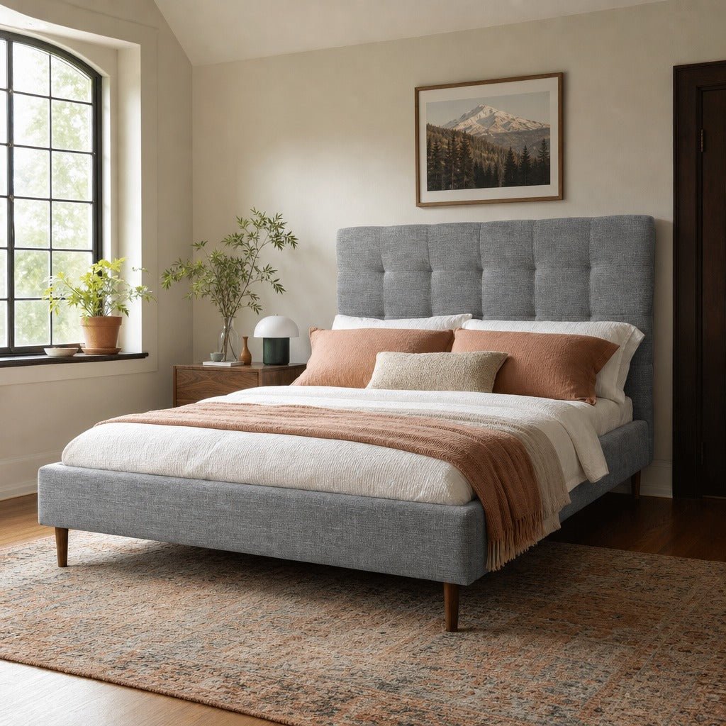 Audrey King Bed in Slate styled in Portland Laurelhurst Tudor cottage bedroom - Whats New Furniture