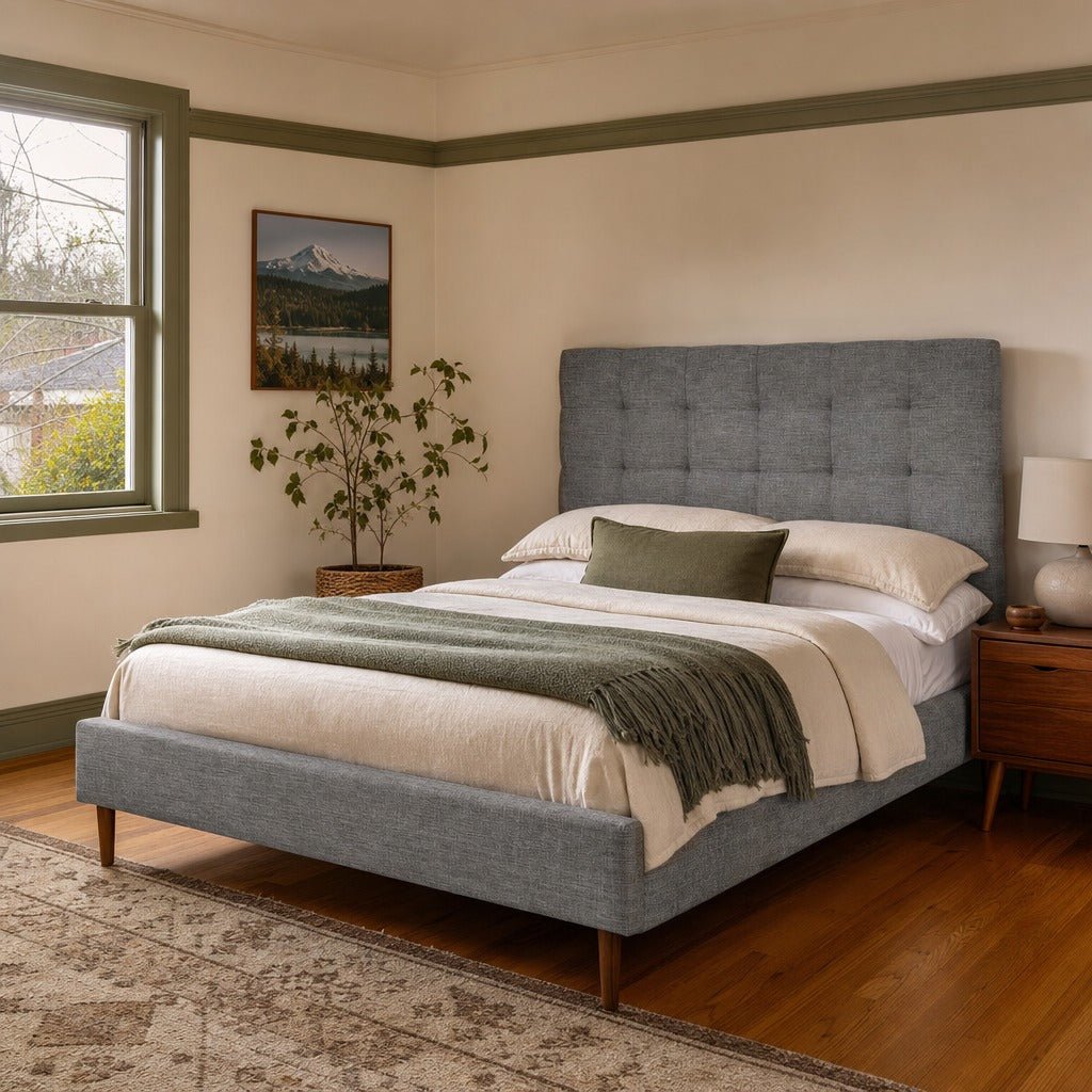 Audrey Queen Bed in Slate styled in Portland Sellwood cottage bedroom - Whats New Furniture