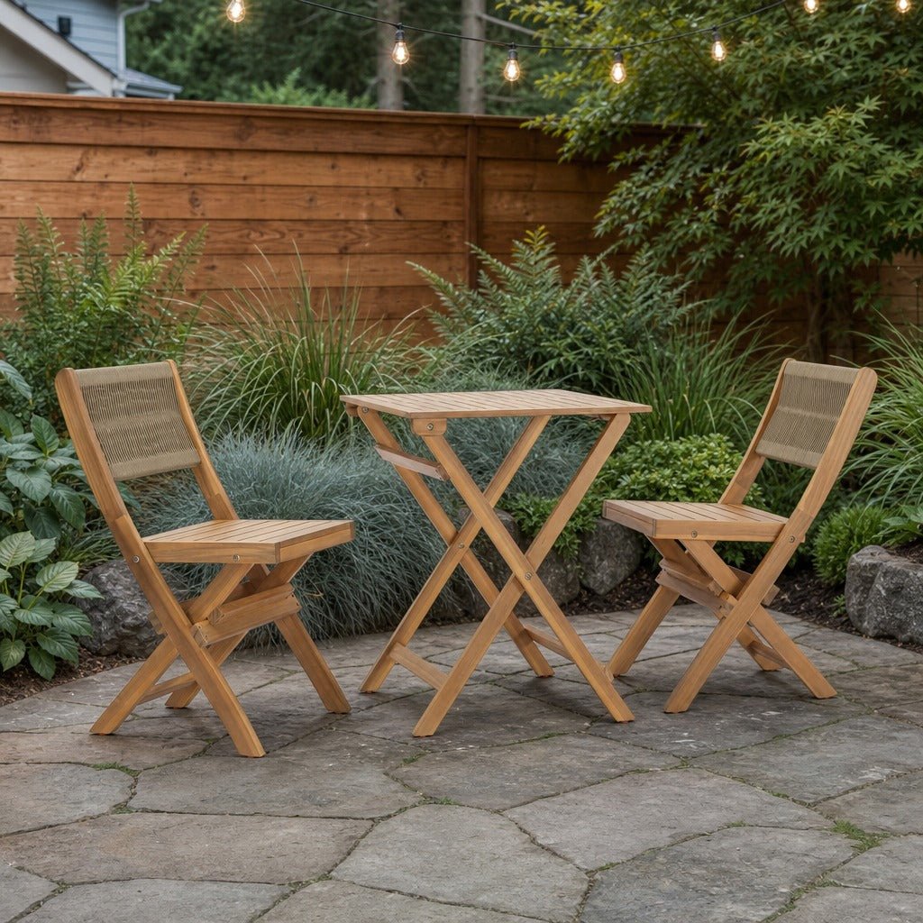 Balcony Outdoor Foldable Bistro Set on a stone paver backyard patio with a warm cedar fence - What&