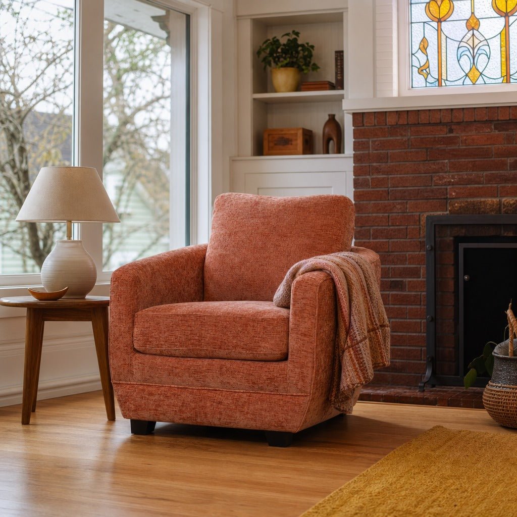 Baltimo Club Chair in Apricot Rose styled in Portland Irvington foursquare with original built-ins living room - Whats New Furniture