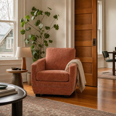 Baltimo Club Chair in Apricot Rose styled in Portland NW 23rd Victoriwith bay window living room - Whats New Furniture