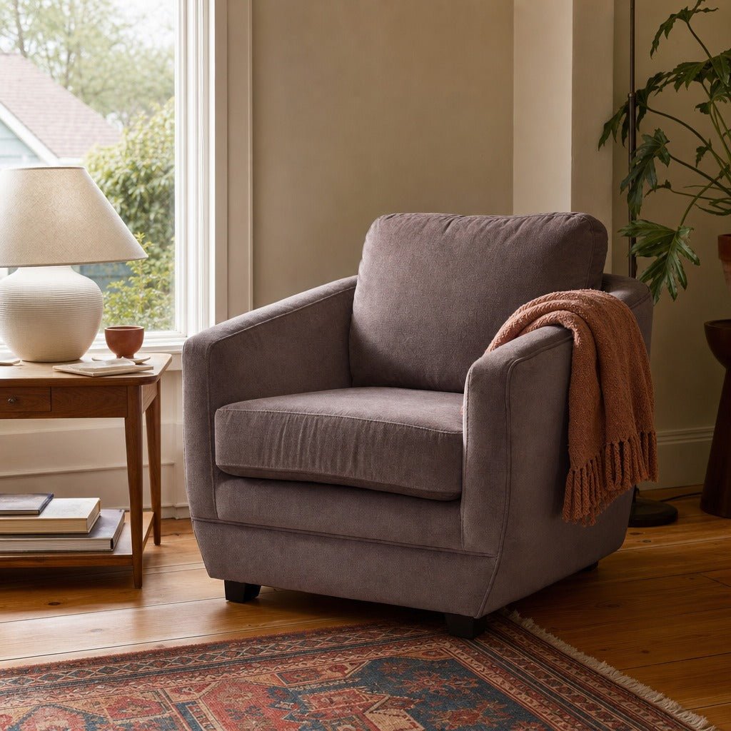 Baltimo Club Chair in Ash Brown styled in Portland Montavillcottage living room - Whats New Furniture
