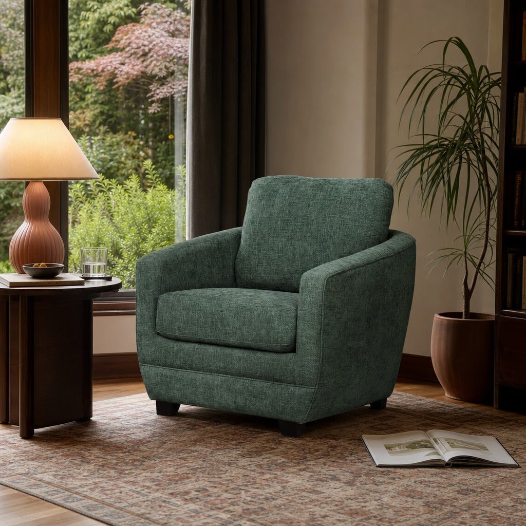 Baltimo Club Chair in British Green styled in Portland Laurelhurst Tudor cottage living room - Whats New Furniture