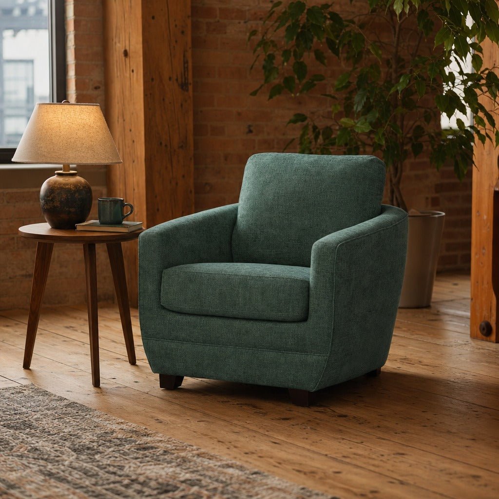 Baltimo Club Chair in British Green styled in Portland converted warehouse flat with warm exposed brick and fir timber beams (no steel, no concrete) living room - Whats New Furniture