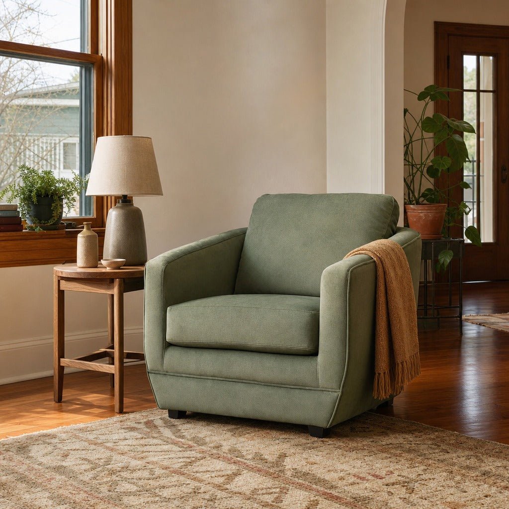 Baltimo Club Chair in Fern Green styled in Portland St. Johns bungalow living room - Whats New Furniture