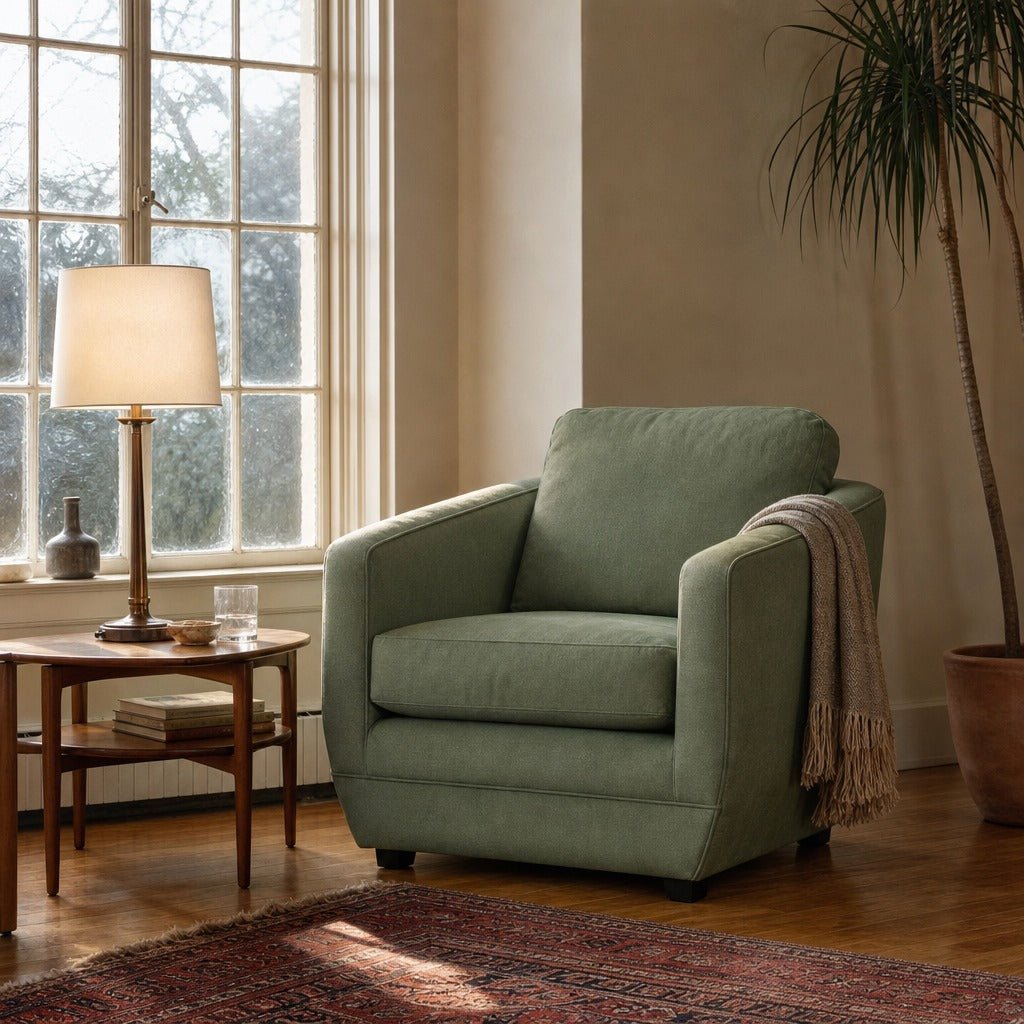 Baltimo Club Chair in Fern Green styled in Portland AlbertArts foursquare living room - Whats New Furniture