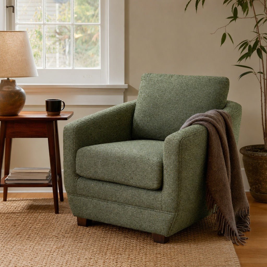 Baltimo Club Chair in Fern Tweed styled in Portland Sellwood cottage living room - Whats New Furniture