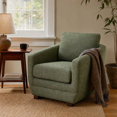 Baltimo Club Chair in Fern Tweed styled in Portland Sellwood cottage living room - Whats New Furniture