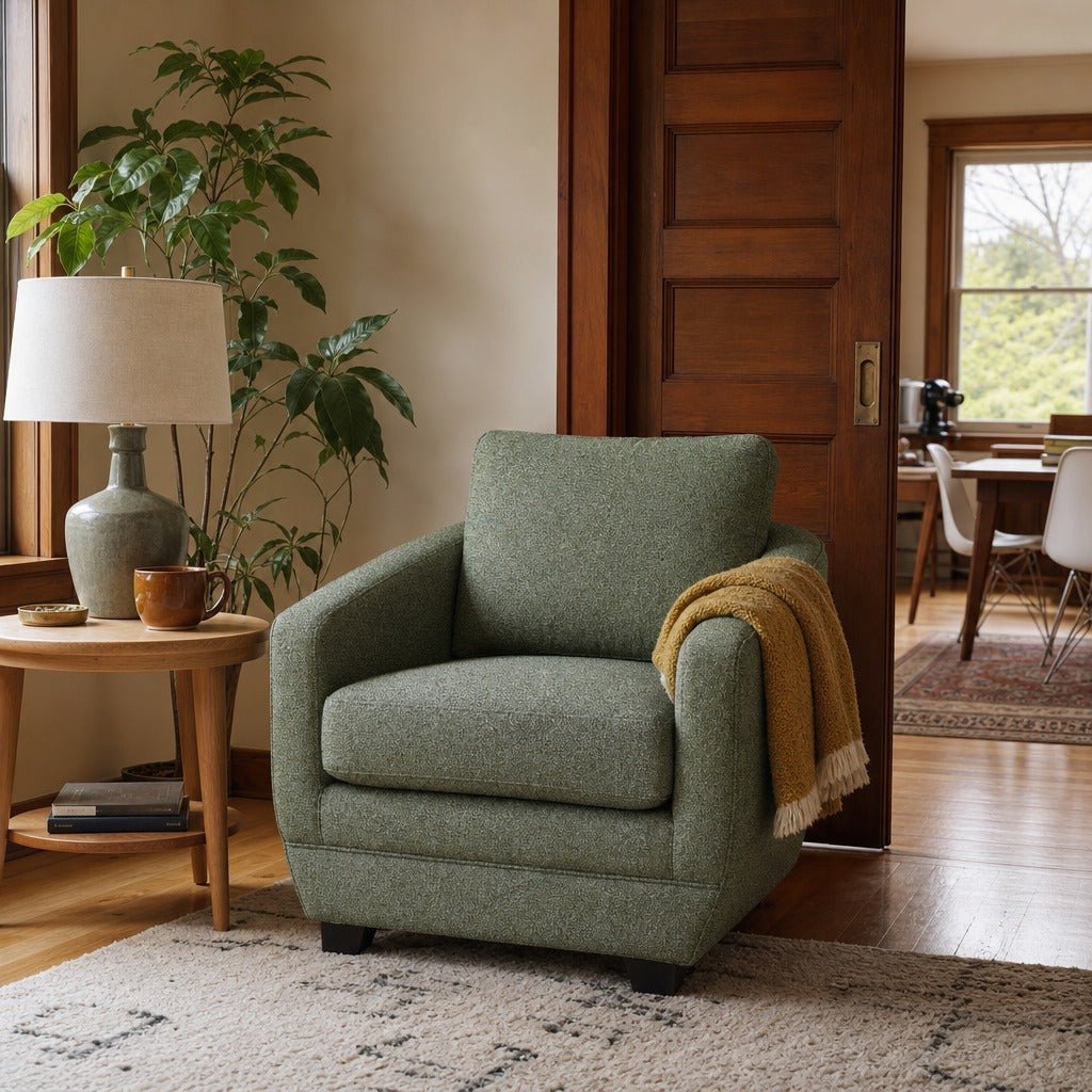 Baltimo Club Chair in Fern Tweed styled in Portland St. Johns bungalow living room - Whats New Furniture