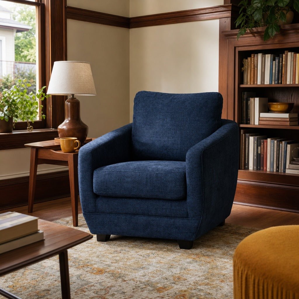 Baltimo Club Chair in Midnight Blue styled in Portland Irvington foursquare with original built-ins living room - Whats New Furniture