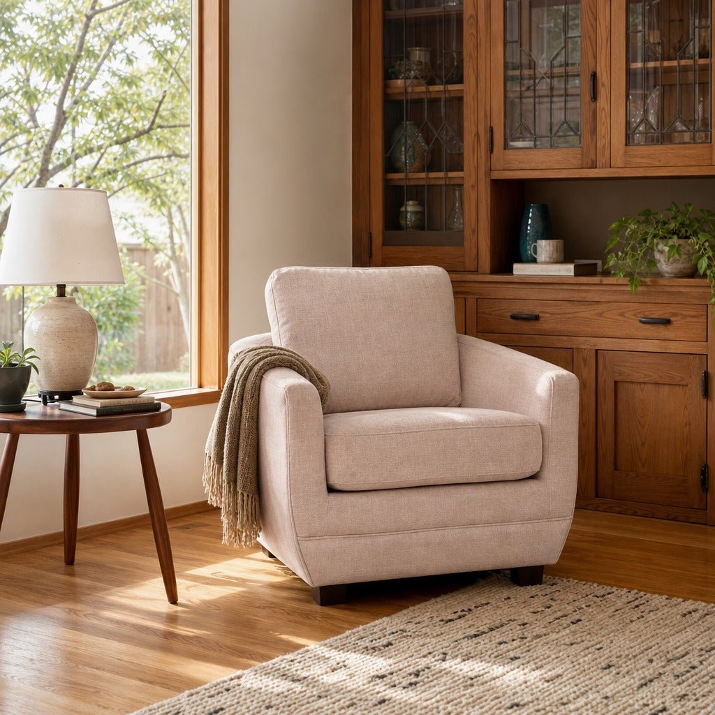 Baltimo Club Chair in Pale Rose styled in Portland Mt. Tabor mid-century daylight ranch living room - Whats New Furniture