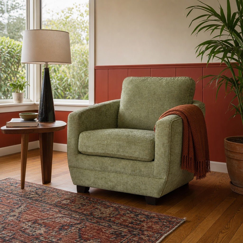 Baltimo Club Chair in Pastel Pistachio styled in Portland 1960s Garden Home ranch living room - Whats New Furniture