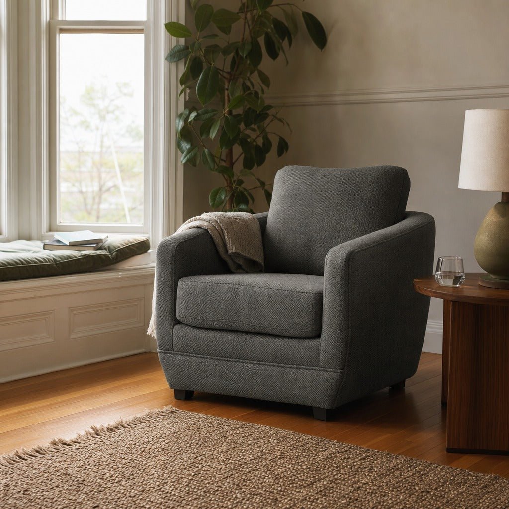 Baltimo Club Chair in Smokey Sage styled in Portland NW 23rd Victoriwith bay window living room - Whats New Furniture