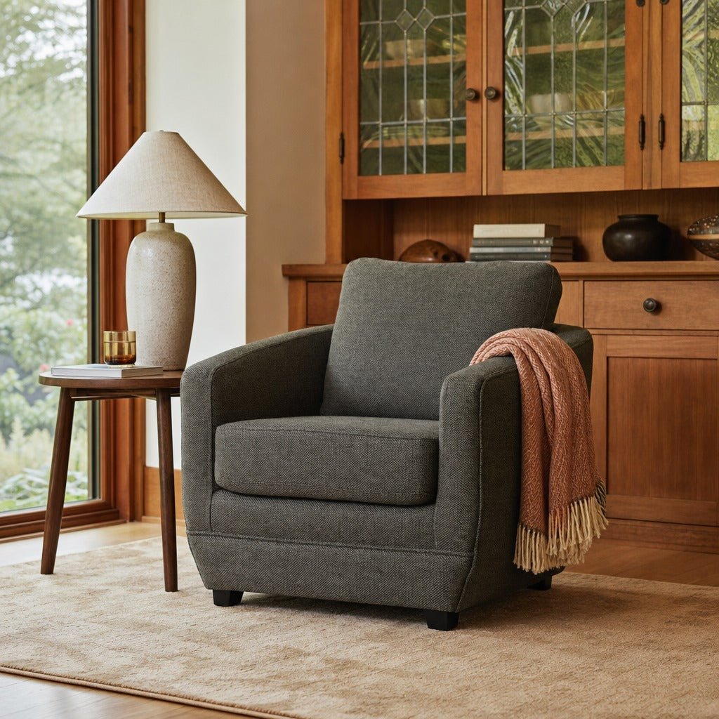 Baltimo Club Chair in Smokey Sage styled in Portland 1960s Garden Home ranch living room - Whats New Furniture