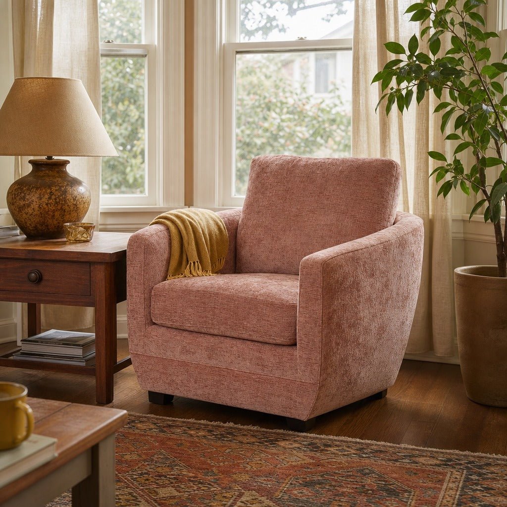 Baltimo Club Chair in Soft Blush styled in Portland Hawthorne Craftsmbungalow living room - Whats New Furniture