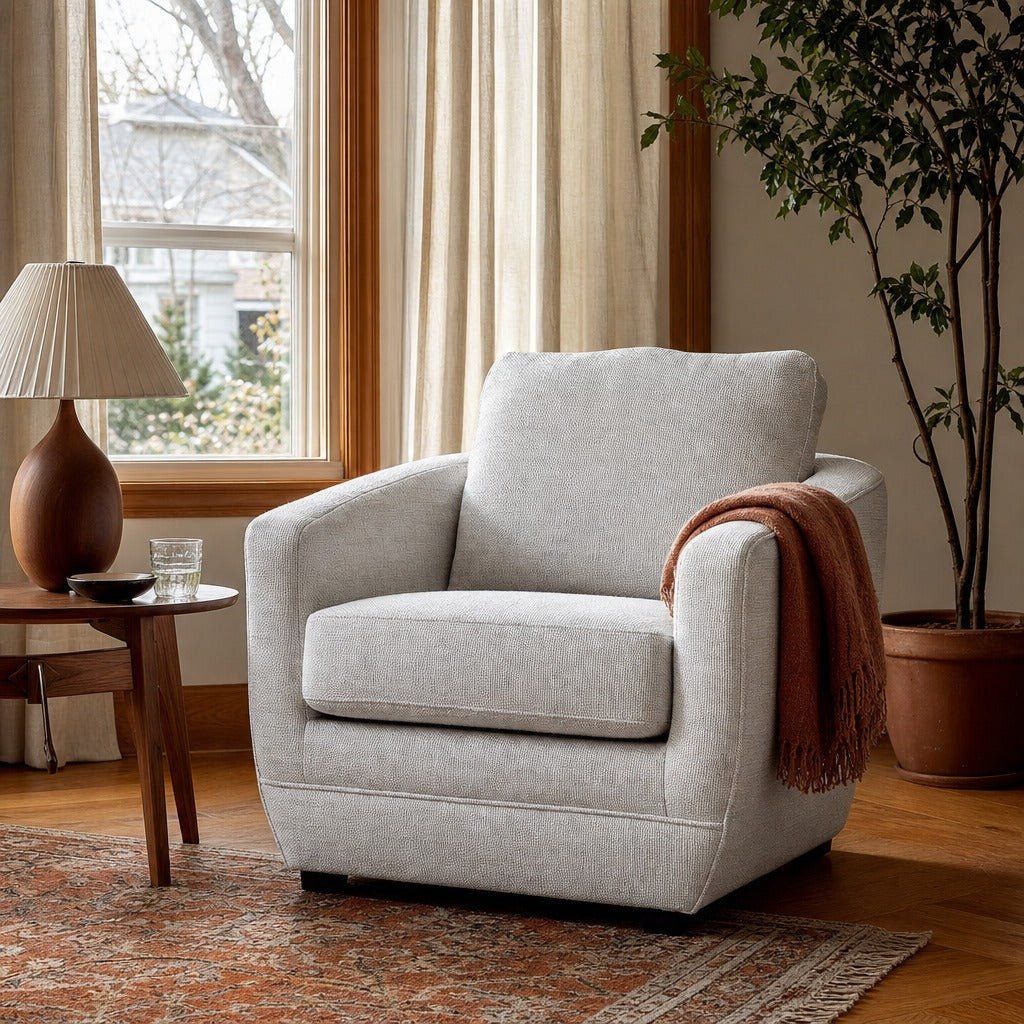 Baltimo Club Chair in Woven Alabaster styled in Portland Montavillcottage living room - Whats New Furniture