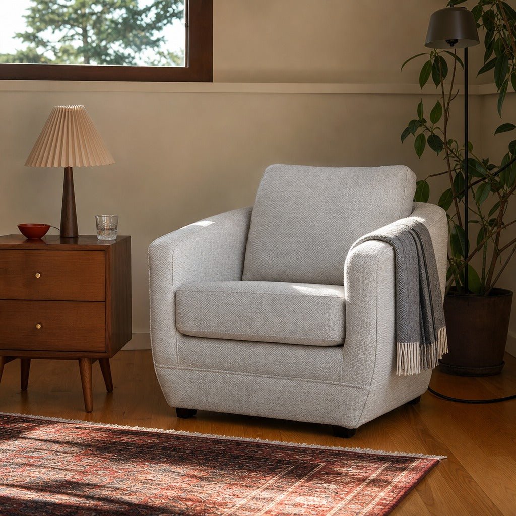 Baltimo Club Chair in Woven Alabaster styled in Portland Mt. Tabor mid-century daylight ranch living room - Whats New Furniture