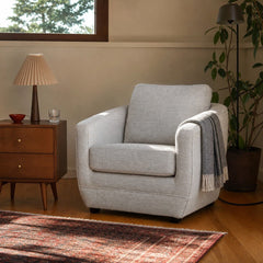 Baltimo Club Chair in Woven Alabaster styled in Portland Mt. Tabor mid-century daylight ranch living room - Whats New Furniture