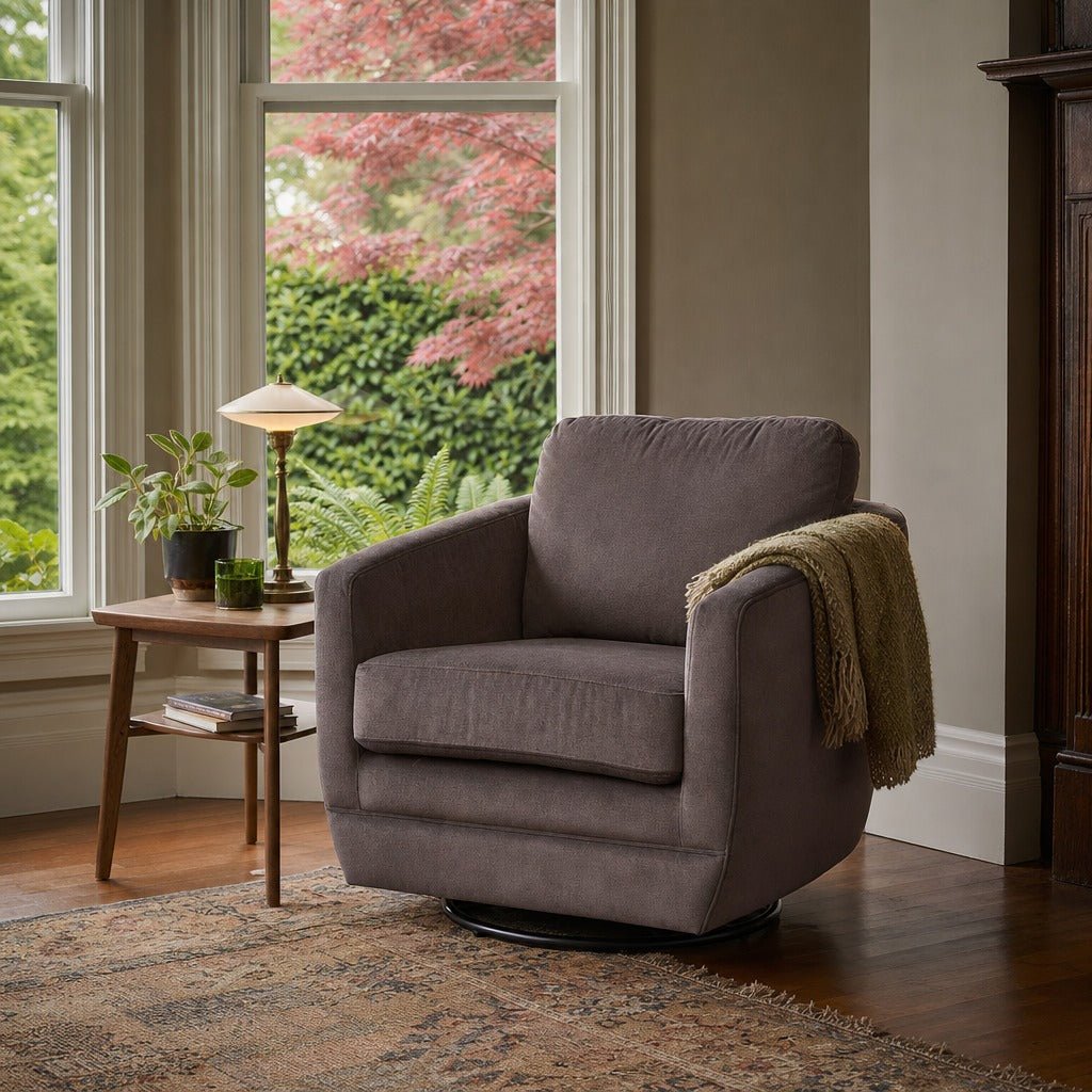 Baltimo Swivel Glider in Ash Brown styled in Portland NW 23rd Victoriwith bay window living room - Whats New Furniture