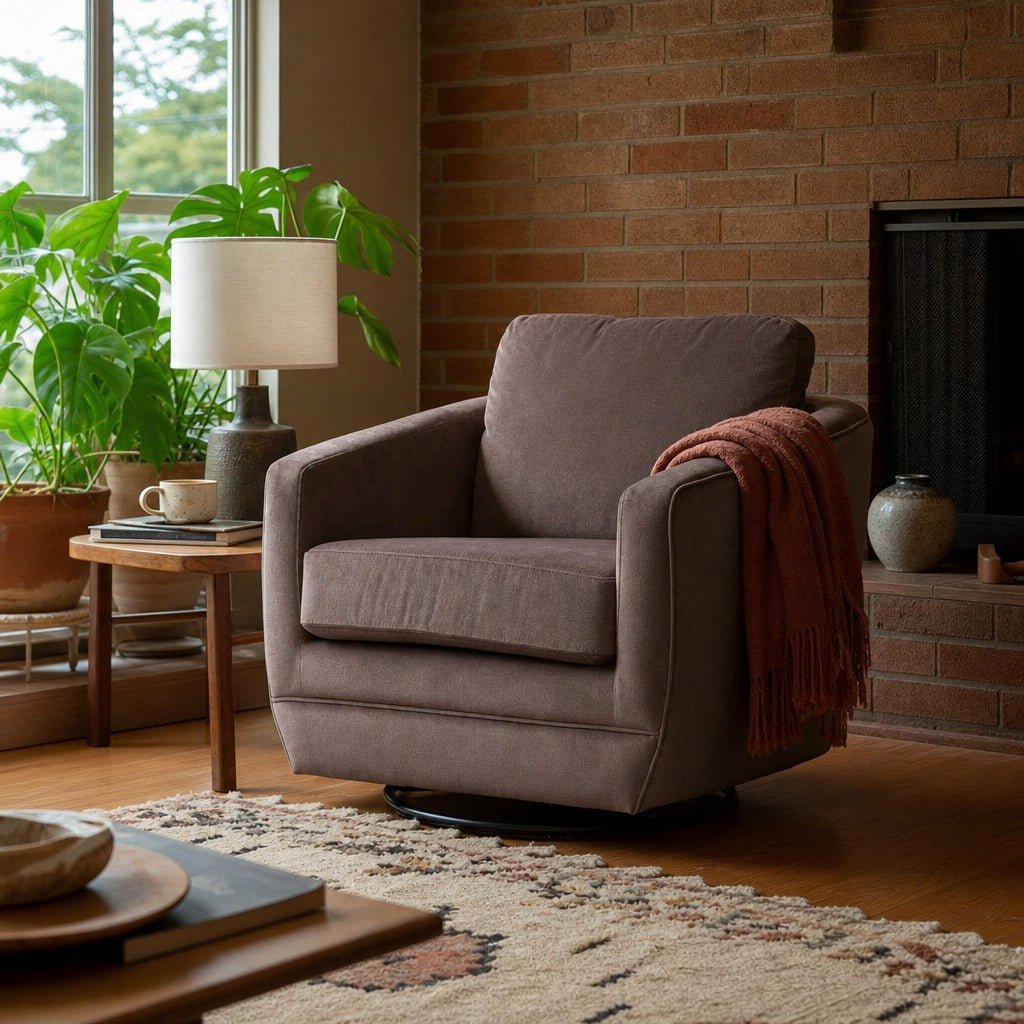 Baltimo Swivel Glider in Ash Brown styled in Portland 1960s Garden Home ranch living room - Whats New Furniture