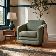 Baltimo Swivel Glider in Fern Green styled in Portland AlbertArts foursquare living room - Whats New Furniture