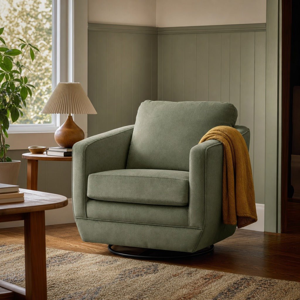 Baltimo Swivel Glider in Fern Green styled in Portland St. Johns bungalow living room - Whats New Furniture