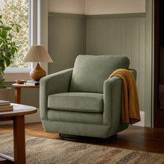 Baltimo Swivel Glider in Fern Green styled in Portland St. Johns bungalow living room - Whats New Furniture