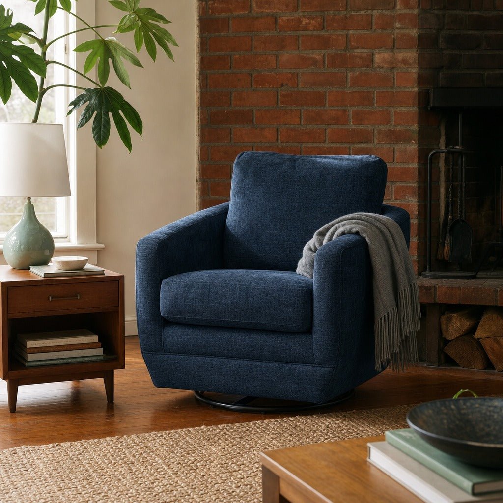 Baltimo Swivel Glider in Midnight Blue styled in Portland Sellwood cottage living room - Whats New Furniture