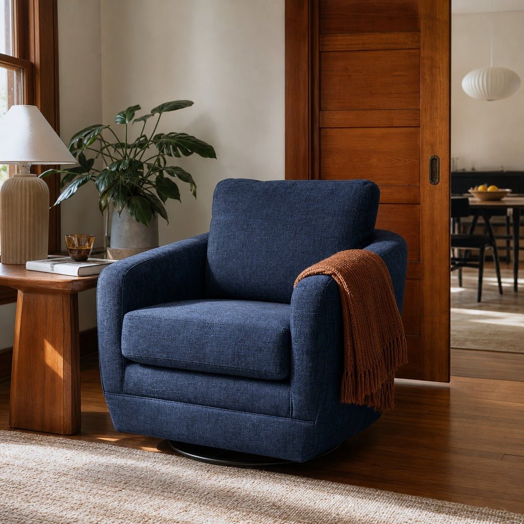 Baltimo Swivel Glider in Midnight Blue styled in Portland Montavillcottage living room - Whats New Furniture