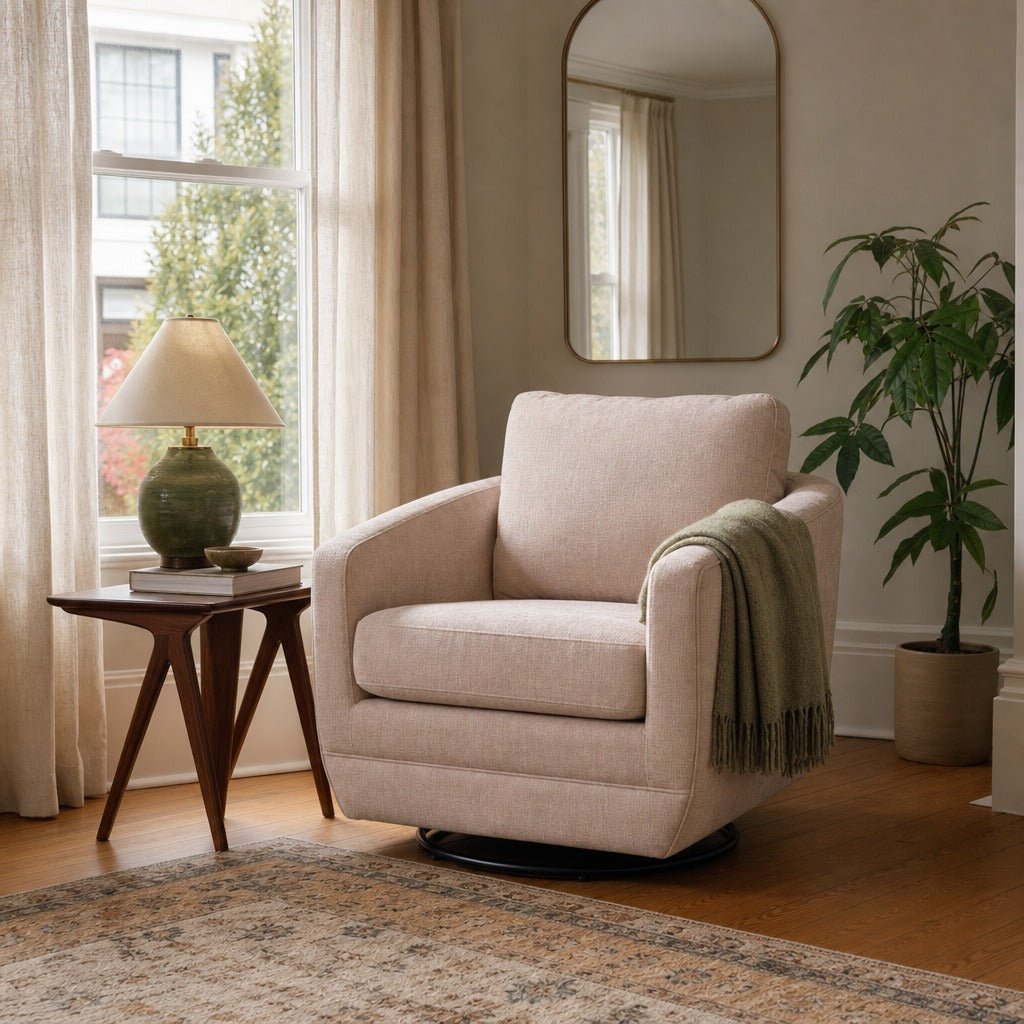 Baltimo Swivel Glider in Pale Rose styled in Portland NW 23rd Victoriwith bay window living room - Whats New Furniture