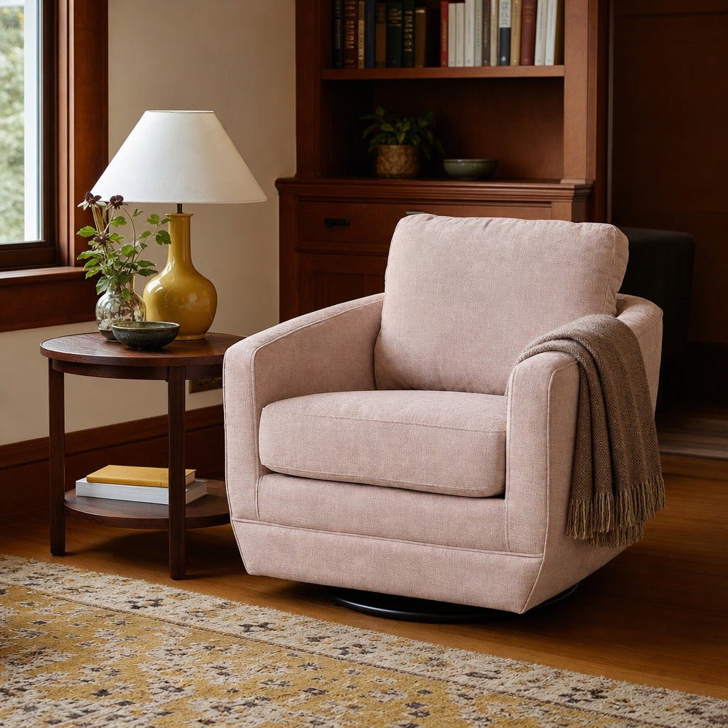 Baltimo Swivel Glider in Pale Rose styled in Portland Irvington foursquare with original built-ins living room - Whats New Furniture