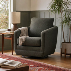 Baltimo Swivel Glider in Smokey Sage styled in Portland Mt. Tabor mid-century daylight ranch living room - Whats New Furniture