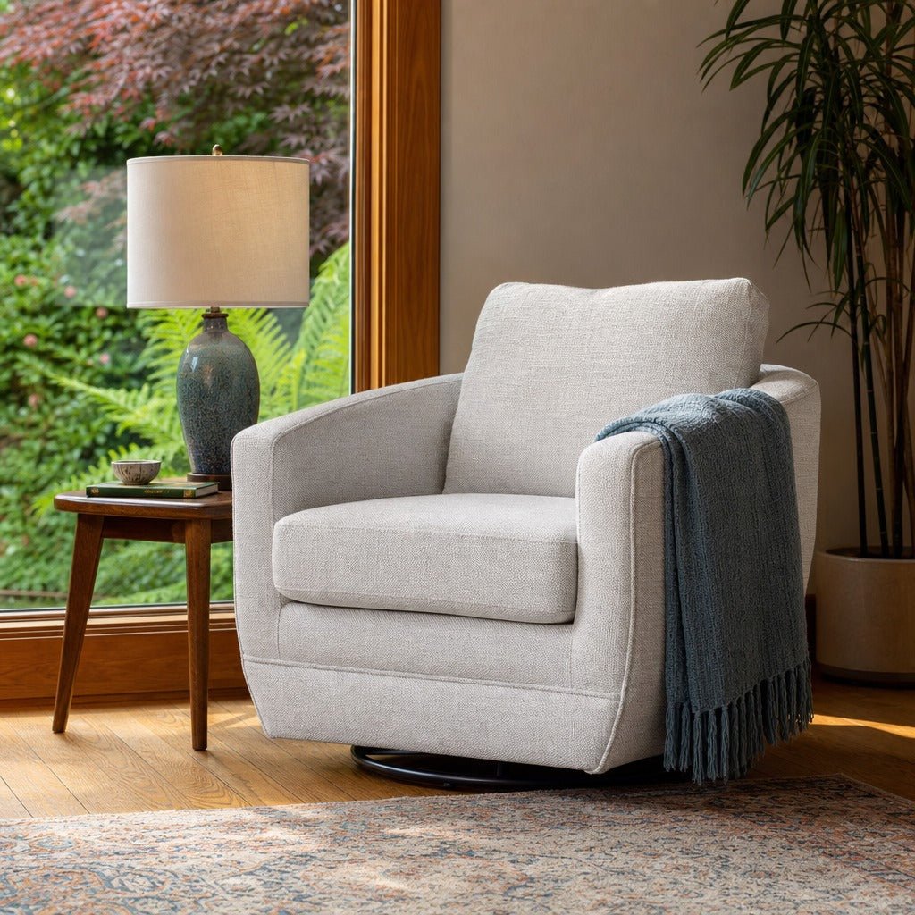Baltimo Swivel Glider in Woven Alabaster styled in Portland AlbertArts foursquare living room - Whats New Furniture