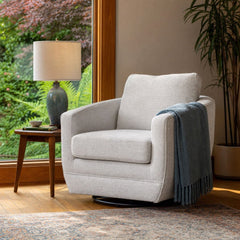 Baltimo Swivel Glider in Woven Alabaster styled in Portland AlbertArts foursquare living room - Whats New Furniture
