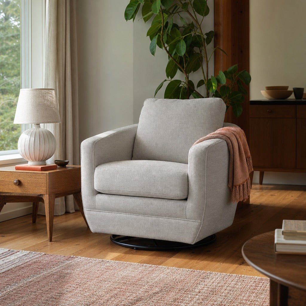 Baltimo Swivel Glider in Woven Alabaster styled in Portland 1960s Garden Home ranch living room - Whats New Furniture