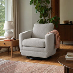 Baltimo Swivel Glider in Woven Alabaster styled in Portland 1960s Garden Home ranch living room - Whats New Furniture