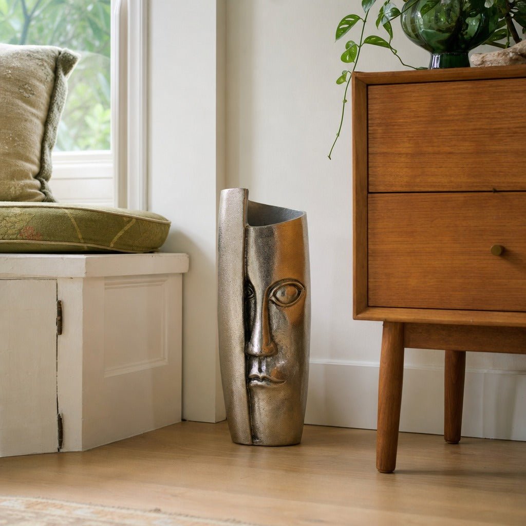 Breeze Masquerade Vase Large in Polished Nickel styled in Portland Sellwood cottage living room - Whats New Furniture