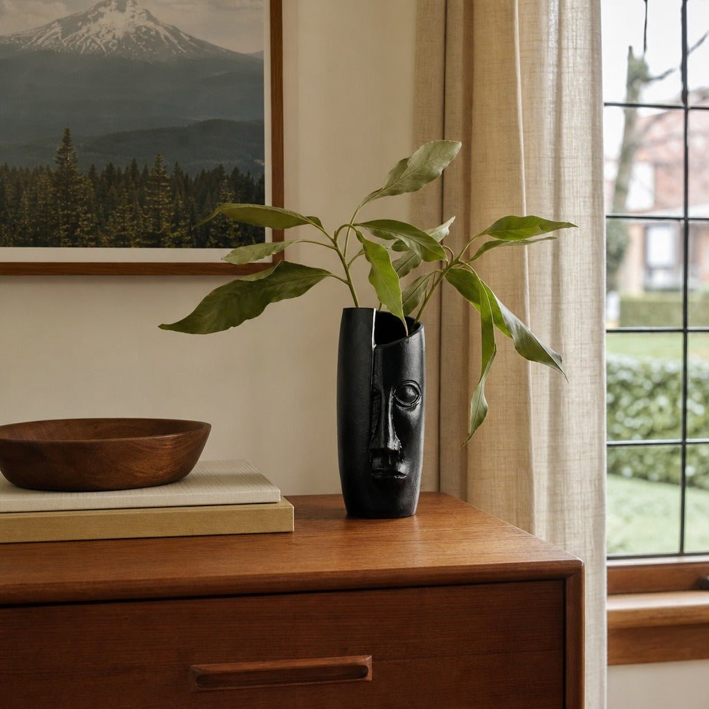 Breeze Masquerade Vase Small in Polished Black styled in Portland Laurelhurst Tudor cottage living room - Whats New Furniture